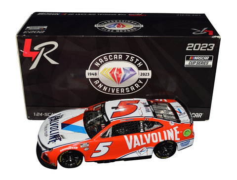 Autographed 2023 Kyle Larson #5 Valvoline Racing Next Gen Camaro ZL1 diecast car. This collectible, signed through exclusive public and private signings with HOT Pass access, includes a Certificate of Authenticity and a lifetime authenticity guarantee. Ideal gift for NASCAR fans and collectors.