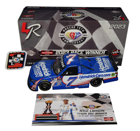 Autographed 2023 Kyle Larson #7 Hendrick Racing North Wilkesboro Win Truck Series diecast car. This collectible, signed through exclusive public and private signings with HOT Pass access, includes a Certificate of Authenticity and a lifetime authenticity guarantee. Ideal gift for NASCAR fans and collectors.