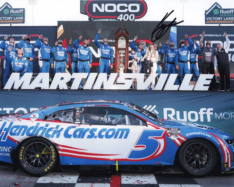 Exclusive signed NASCAR photo commemorating Kyle Larson's triumphant MARTINSVILLE WIN (Victory Lane with Team). Act quickly to own a piece of racing history with this unique collector's item!