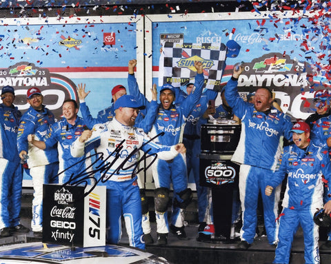 Commemorate Ricky Stenhouse Jr.'s historic Daytona 500 victory with this genuine autographed 8x10 inch NASCAR photo, featuring Victory Lane confetti. Certificate of Authenticity included.