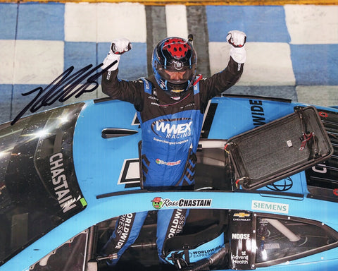Elevate your collection with this authentic Ross Chastain autographed 8x10 inch NASCAR photo, showcasing his thrilling victory celebration at the 2023 Nashville race. Limited availability – act fast and secure your piece of racing memorabilia!