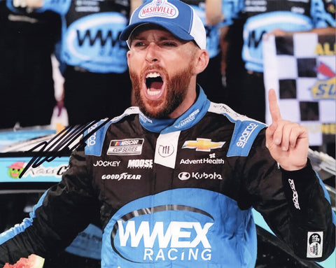 Add this genuine Ross Chastain autographed 8x10 inch NASCAR photo to your collection, featuring his triumphant moment at the 2023 Nashville race with Trackhouse Racing. Limited stock – order now!