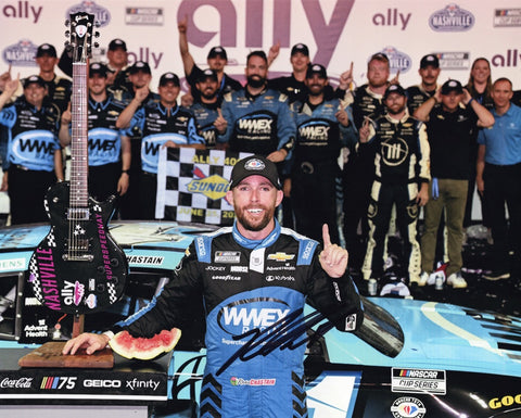Capture the excitement of Ross Chastain's 2023 Nashville win with this genuine autographed 8x10 inch NASCAR photo, featuring the iconic Victory Lane trophy celebration. Limited availability – order now!