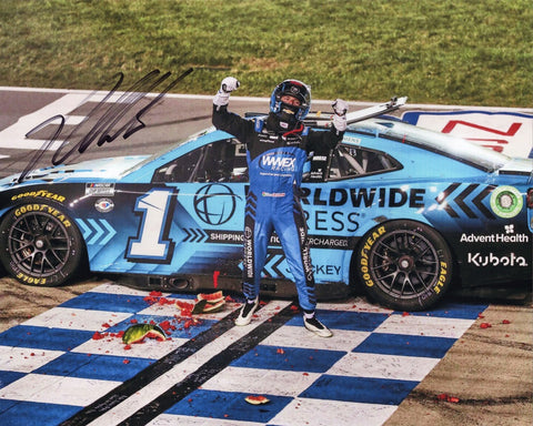 Add this genuine Ross Chastain autographed 8x10 inch NASCAR photo to your memorabilia collection, featuring the Watermelon Smash celebration from his 2023 Nashville win. Limited availability – don't wait!