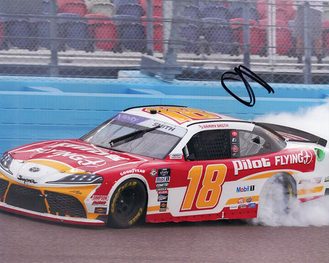 Autographed 2023 Sammy Smith #18 Pilot Racing Phoenix Win Burnout NASCAR Photo - Close-up view of Sammy Smith's signature on the picture.
