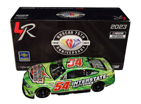 Autographed 2023 Ty Gibbs #54 Interstate Batteries Racing Rookie Season diecast car. This collectible, signed through exclusive public and private signings with HOT Pass access, includes a Certificate of Authenticity and a lifetime authenticity guarantee. Ideal gift for NASCAR fans and collectors.