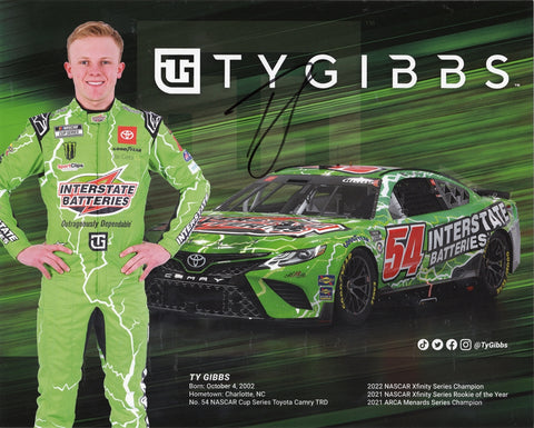 Autographed Ty Gibbs #54 Interstate Batteries Toyota Official Hero Card | Signed 8X10 Inch NASCAR Picture with COA