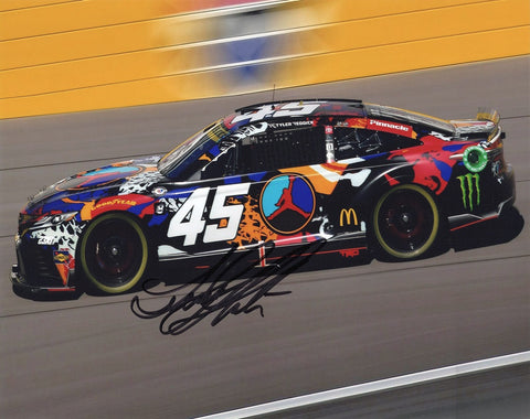 Exclusive Tyler Reddick Autographed 8x10 Inch Glossy Photo, capturing the energy of the Kansas Playoff Race, adorned with his signature against the Retro Jordan 8 sneaker design, a limited edition NASCAR collectible with COA.