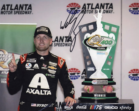 Celebrate the Atlanta Win with this autographed William Byron #24 Axalta Racing signed 8x10 inch glossy NASCAR photo, capturing the Victory Trophy Celebration. Authenticated signature and COA included. Limited stock!