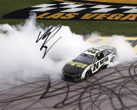 This exclusive collectible features an autographed 2023 William Byron #24 Raptor Racing LAS VEGAS WIN NASCAR photo, capturing the electrifying moment as Byron executes a thrilling burnout celebration at Las Vegas Motor Speedway. Each signature is meticulously acquired through exclusive public/private signings and garage area access via HOT Passes, ensuring unparalleled authenticity.