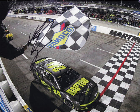 This autographed 2023 William Byron #24 Raptor MARTINSVILLE WIN NASCAR photo captures the exhilarating moment as Byron triumphantly waves the checkered flag at Martinsville Speedway. Each signature is meticulously obtained through exclusive public/private signings and garage area access via HOT Passes, ensuring unparalleled authenticity.