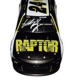 A close-up view of the AUTOGRAPHED 2023 William Byron #24 Raptor Racing Next Gen Camaro Diecast Car, showcasing intricate details and William Byron's authentic signature.