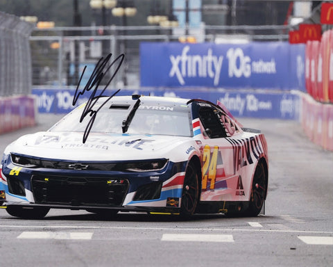 Exclusive collectible: William Byron #24 Valvoline CHICAGO STREET RACE autographed photo under Hendrick Motorsports banner.