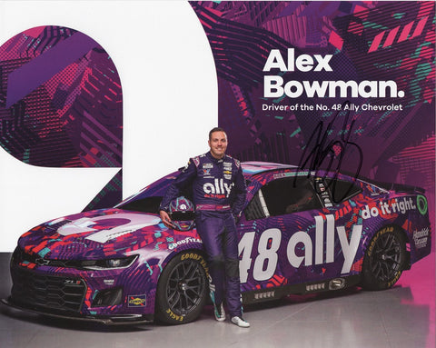 Capture the thrill with this autographed 2024 Alex Bowman #48 Next Gen Camaro hero card. Limited edition NASCAR memorabilia. Perfect gift for racing aficionados!