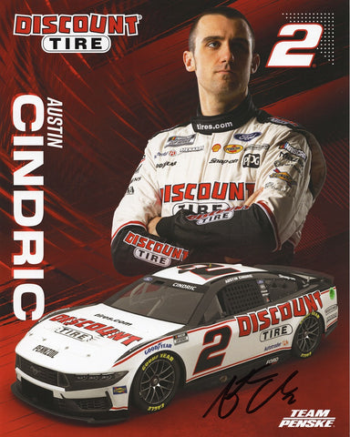 Capture the adrenaline with this autographed 2024 Austin Cindric #2 Discount Tire hero card. Limited edition NASCAR memorabilia. Perfect gift for racing aficionados!