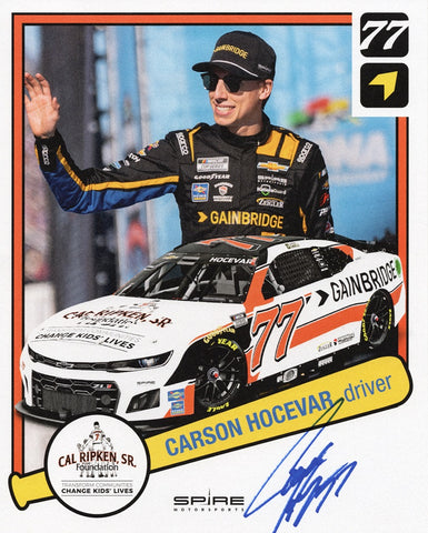 Autographed 2024 Carson Hocevar #77 Cal Ripken Sr. Foundation hero card NASCAR photo with COA. Signed during exclusive signings and HOT Pass access. A must-have for racing enthusiasts and collectors.