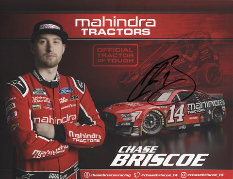 Autographed 2024 Chase Briscoe #14 Mahindra Tractors hero card NASCAR photo with COA. Each signature is obtained through exclusive signings and HOT Pass access, ensuring authenticity. A prized addition to any racing memorabilia collection.