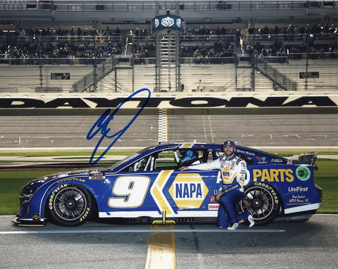 Elevate your NASCAR memorabilia collection with this exclusive autographed 8x10 photo of Chase Elliott, taken during his triumphant moment at the Daytona 500. The glossy image captures Elliott's electrifying energy on pit road, making it a prized possession for any racing fan. Each signature is obtained through exclusive signings and garage area access via HOT Passes, ensuring its authenticity.