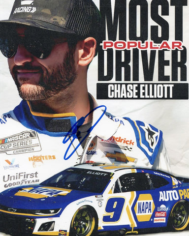 Delve into the excitement of NASCAR with this stunning autographed 8x10 photo of Chase Elliott, the recipient of the Most Popular Driver award. The glossy image captures Elliott's magnetic appeal and his special connection with fans, making it a standout piece in any NASCAR memorabilia collection. Obtained through exclusive signings and garage area access via HOT Passes, each signature is guaranteed authentic.