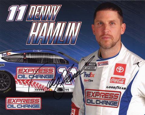 Fuel your passion for NASCAR with this autographed 2024 Denny Hamlin #11 Express Oil Change Next Gen Toyota hero card glossy photo. Signed by Hamlin himself, each signature is carefully obtained through exclusive signings and garage area access via HOT Passes, guaranteeing authenticity