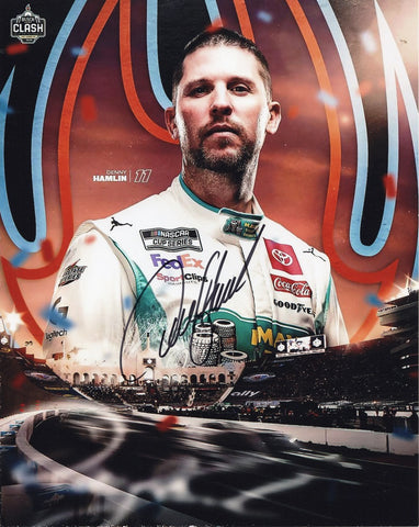 Genuine Denny Hamlin signature on glossy NASCAR photo, capturing the adrenaline of the BUSCH CLASH at the LA Colosseum Race.