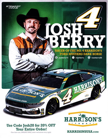 Authentic autographed 2024 Josh Berry #4 Harrion's USA Hero Card with COA. Limited availability. Perfect gift for NASCAR fans!