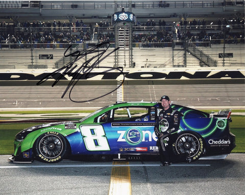 Authentic Kyle Busch signature on glossy NASCAR photo, capturing his thrilling performance at Daytona Speedway driving for Richard Childress Racing.