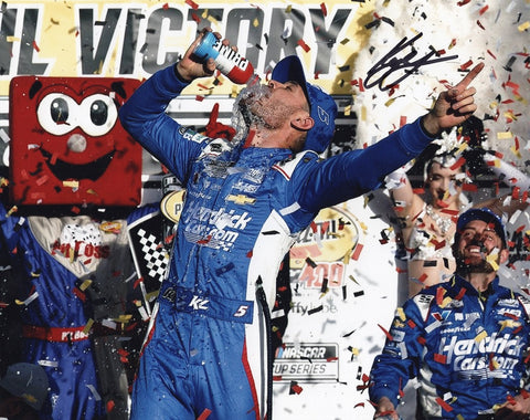 Capture the euphoria of Kyle Larson's win at Las Vegas Motor Speedway with this autographed 8x10 photo of his Victory Lane celebration.