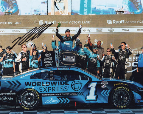 Capture the thrilling moment of victory with this autographed 2024 Ross Chastain #1 Worldwide Express Las Vegas Win 8x10 inch glossy NASCAR photo. Celebrate Chastain's triumphant victory in Victory Lane with the Trackhouse Racing Team. Each signature is meticulously obtained through exclusive public/private signings and garage area access via HOT Passes, ensuring its authenticity. 