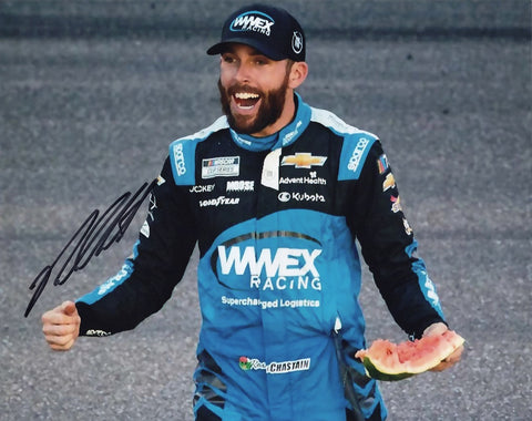 Capture the excitement of victory with this autographed 2024 Ross Chastain #1 Worldwide Las Vegas Win 8x10 inch glossy NASCAR photo. Relive the exhilarating moment of Chastain's win with his watermelon victory smash celebration. Get yours now before they're gone!