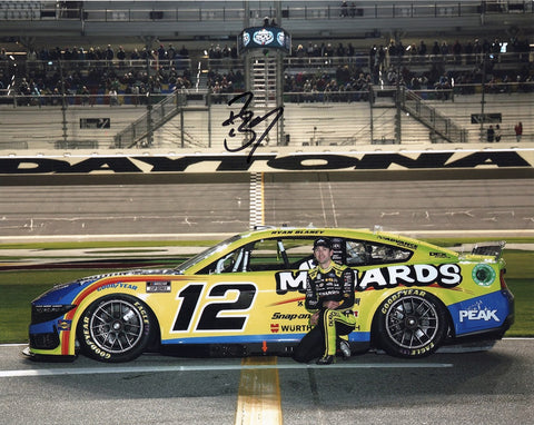 Authentic Ryan Blaney signature on glossy NASCAR photo, showcasing his Daytona 500 performance with the #12 Menards Racing Team Penske Mustang.