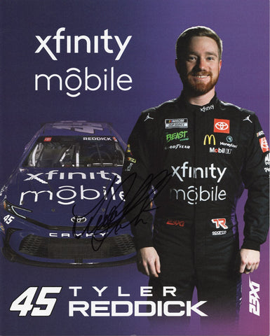 Capture the excitement of NASCAR with this autographed 2024 Tyler Reddick #45 Xfinity Mobile Hero Card, showcasing Reddick's dynamic performance on the track. The front view of the glossy photo highlights Reddick's signature and the Xfinity Mobile Toyota Team logo, adding authenticity to this limited-edition collectible from 23XI Racing.