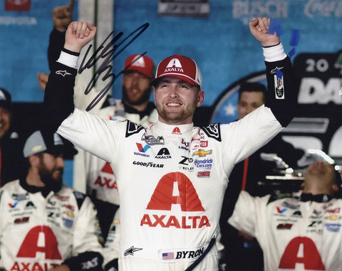 Capture the excitement of William Byron's Victory Lane celebration with this autographed #24 Axalta Racing Daytona 500 win signed glossy NASCAR photo. Limited availability. Great gift idea!