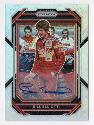 AUTOGRAPHED Bill Elliott 2023 Panini Prizm Racing Silver Prizm Insert, featuring the #9 Coors Car. Authenticated by Panini America Inc. and backed by a lifetime authenticity guarantee. A must-have, perfect gift for NASCAR collectors and enthusiasts.