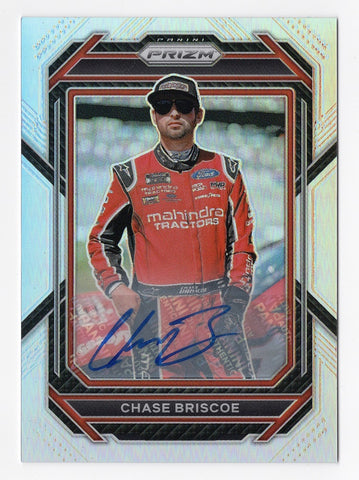 AUTOGRAPHED Chase Briscoe 2023 Panini Prizm Racing Silver Prizm Card, featuring Stewart-Haas racing team. Authenticated by Panini America Inc., this card is backed by a lifetime guarantee of authenticity, making it an ideal gift for NASCAR fans and collectors.