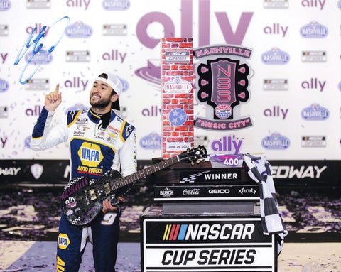 Capture the thrill of victory with this autographed Nashville Music City Race celebration photo, showcasing Elliott's NASCAR excellence.