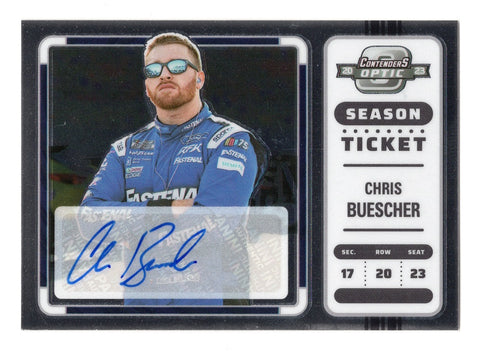 AUTOGRAPHED Chris Buescher 2023 Panini Chronicles Contenders Optic Racing SEASON TICKET Signed NASCAR Insert Card, authenticated by Panini America Inc. Includes a lifetime authenticity guarantee, making it a valuable gift or collectible for NASCAR enthusiasts.