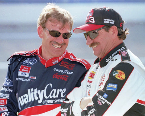 Perfect Gift for Racing Fans - Autographed Dale Jarrett Vintage NASCAR Photo featuring Dale Earnhardt Chat on Pit Road.