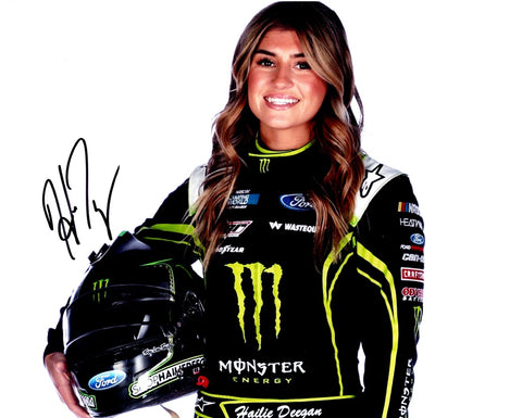 Experience the excitement of NASCAR with this autographed Hailie Deegan 2022 media day photo, capturing the essence of Monster Energy Racing.