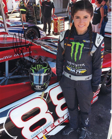 Rev up your collection with the AUTOGRAPHED Hailie Deegan #88 Monster Energy Racing (Mickey Thompson Sponsor) 8x10 Inch Glossy Photo. This captivating piece showcases Hailie Deegan's racing prowess in the #88 car, featuring striking Monster Energy and Mickey Thompson sponsorship. 