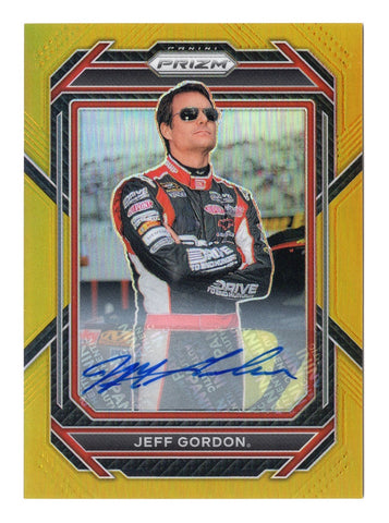 AUTOGRAPHED Jeff Gordon 2023 Panini Prizm Racing Gold Prizm NASCAR Insert Card #02/10, verified and authenticated by Panini America Inc. Comes with a lifetime guarantee of authenticity. An exceptional collectible or gift for any NASCAR fan.