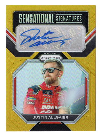 AUTOGRAPHED Justin Allgaier 2023 Panini Prizm Racing Sensational Signatures Gold Prizm NASCAR Card #01/10, expertly authenticated by Panini America Inc., with a lifetime authenticity guarantee. This rare collector’s item is an excellent gift for passionate NASCAR fans.