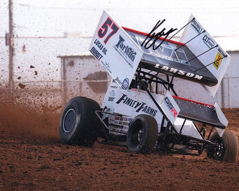 Immerse yourself in the world of dirt track racing with an AUTOGRAPHED 2022 Kyle Larson #57 Finley Farms Racing SPRINT CAR DIRT RACE Signed 8X10 Inch Glossy Photo, showcasing the thrilling intensity of sprint car racing.