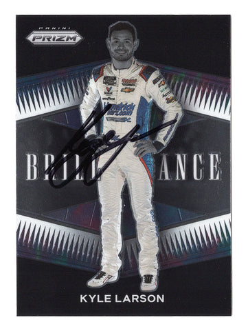 Rare autographed Kyle Larson 2022 Panini Prizm Racing BRILLIANCE insert, featuring Larson's signature obtained through exclusive signings. A coveted addition to any NASCAR memorabilia collection.