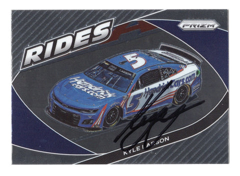 Authentic autographed Kyle Larson 2022 Panini Prizm Racing RIDES card, featuring Larson's signature obtained through exclusive signings. A must-have for NASCAR collectors.