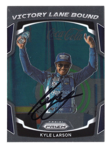 Genuine autographed Kyle Larson 2022 Panini Prizm Racing VICTORY LANE BOUND card, authenticated for authenticity and accompanied by a Certificate of Authenticity. A perfect addition to any racing memorabilia collection.