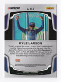 Limited edition autographed Kyle Larson 2022 Panini Prizm Racing VICTORY LANE BOUND card, capturing Larson's journey to victory with an authenticated signature. A unique and valuable collectible for fans of NASCAR and Kyle Larson.