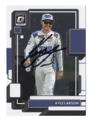 Authentic autographed Kyle Larson 2023 Donruss Optic Racing trading card featuring Larson's signature obtained through exclusive signings. A prized collectible for NASCAR fans.