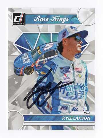 Authentic autographed Kyle Larson 2023 Donruss Race Kings trading card featuring Larson's exclusive signature. A must-have collectible for NASCAR fans and enthusiasts.