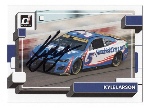 Authentic autographed Kyle Larson 2023 Donruss Next Gen Racing card featuring Larson's exclusive signature. A prized collectible for NASCAR fans and enthusiasts.